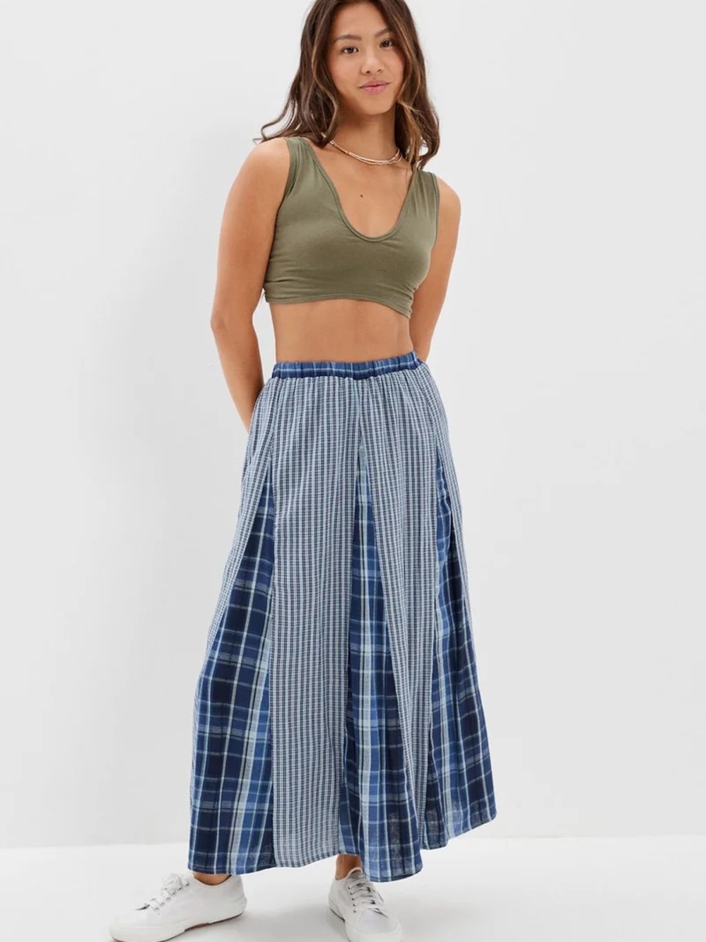 American Eagle patchwork plaid tiered maxi skirt